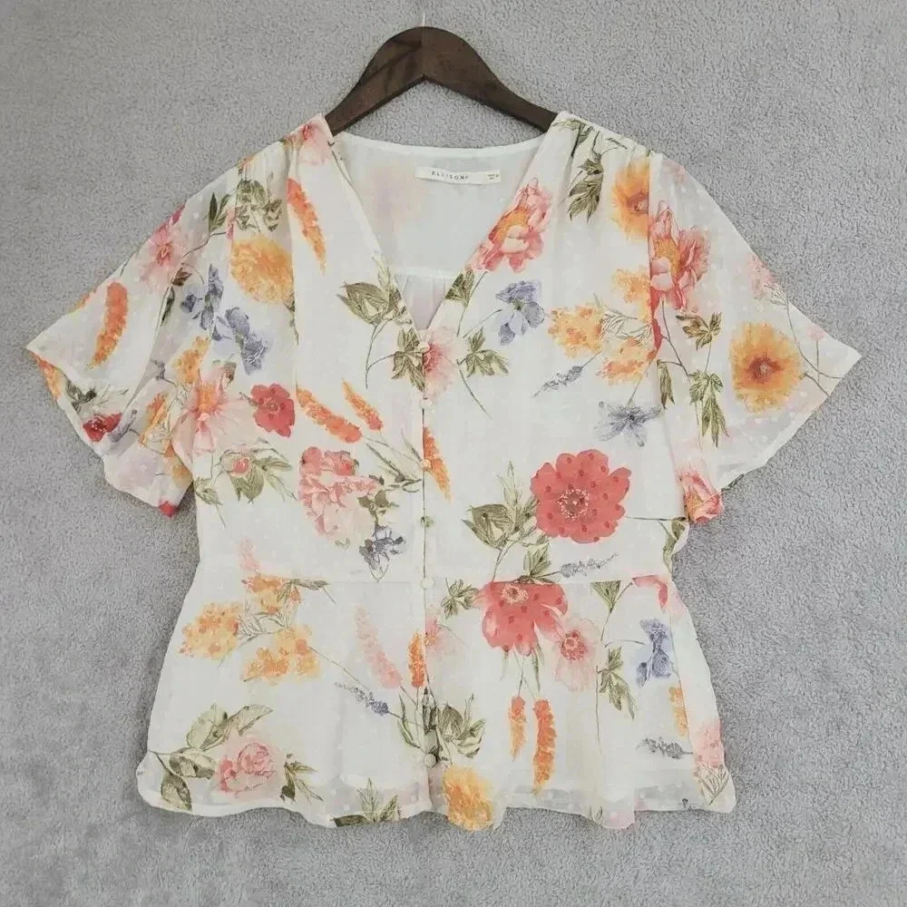 Ellison Women's M Floral Blouse V-neck Short Flutter Sleeves 29PT